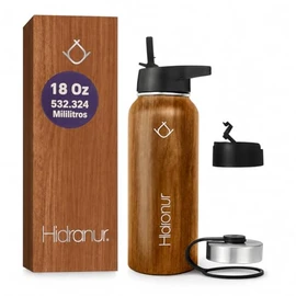 Termo de Acero Inoxidable Doble Aislamiento Trmico, Termo Para Caf, 3 Tapas Hermticas, 2 Popotes, 24 Hrs de Agua Caliente y Fra (Madera, 18 Oz...     