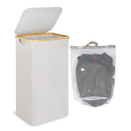 efluky Laundry Hamper with Lid, 100L Tall Laundry Basket with Bamboo Handles for Clothes and Toys, Collapsible Laundry Hamper with Inner Bag for Bedroom and Bathroom, Light Grey