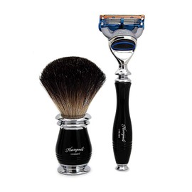 100% Pure Black Badger Hair Brush with Black & Metal Handle & Gillette Fusion Razor with Black Handle Perfect Set for Men