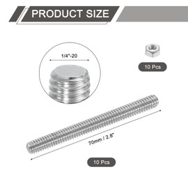 sourcing map 1/4"-20 Fully All Threaded Rod, 10 Pcs 304 Stainless Steel Long Threaded Screw 2.8" Length Right Hand Threads for Furniture Mounting Assembly Fastening