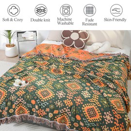 Snycler Boho Throw Blanket, 100% Cotton Soft Luxury Throw Rustic Quilt, 80"x90" Floral Printed Farmhouse Decor Bed Summer Blankets, All Season Rustic Reversible Bohemian Throw for Bed - Orange