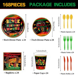 JVORFDG 168pcs Black History Month Party Supplies Paper Plates Napkins Disposable Tableware Set African American Black Month Disposable Cups for Juneteenth Freedom Day Party Supplies Serve 24
