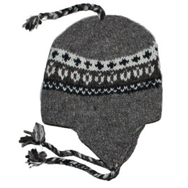 Wool Hand Knit Unisex Fleece Lined Ear Flap Beanie Cap Hat (Brown/Beige)