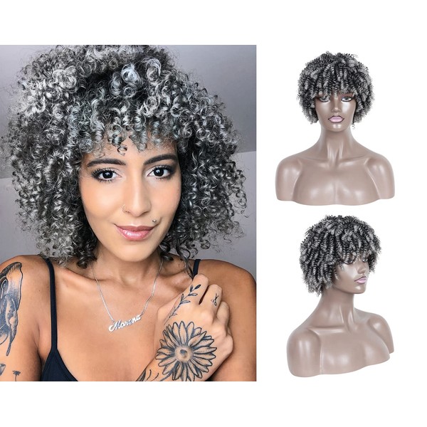 BECUS Short Curly Black Wigs for Women Girls Black Wig with Fringe Afro Wigs for Women Synthetic Wigs for Daily Cosplay (Gradient Grey)