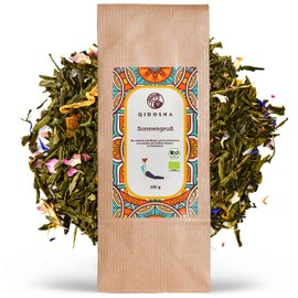 QIDOSHA® Sun Salutation, Organic Green Tea Loose with Rose Petals, Strawberry and Passion Fruit Pieces, Bergamot Oil, Calendula and Sunflower Blossoms, 100 g Loose Green Tea in Organic Quality