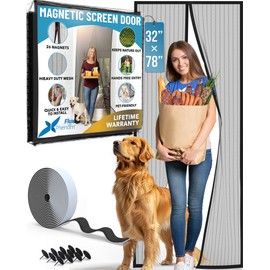 FLUX Magnetic Screen Door - Self-Closing, Pet-Friendly, Durable Polyester Mesh Screen Door with Powerful Magnetic Attachments, Keeps Bugs Out, Fits Sliding Doors and Standard Doors up to 32" x 78"