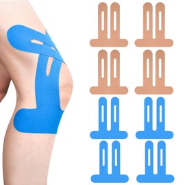 FUG 8 PCS Precut Kinesiology Tape for Knees, Elastic Waterproof Sports Tapes for Muscle Discomfort Relief (Skin Color +Blue)