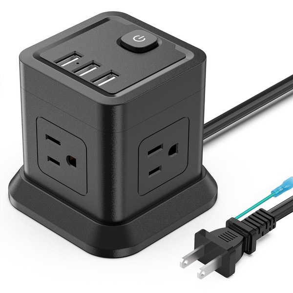BEVA Extension Cord, USB Power Tap, Low Center of Gravity Cube Shape, More Stable, Small Multi-Tap, 4 AC Sockets & 3 USB Charging Ports, Outlet 3.9 ft (1.5 m), Ground, Black