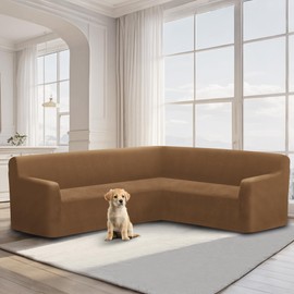 ALIECOM Velvet Corner Couch Covers L Shape Sofa Cover Sectional Stretch Soft Thick Plush U Shaped Sectional Slipcovers Living Room Pet Dogs Universal Non Slip Furniture Protector (Light Brown, Small)