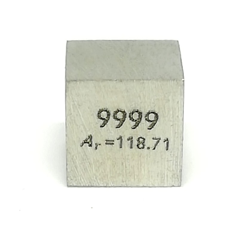 Elemental Specimen Tin Sn (0.4 inch (10 mm) Cube, Engraved