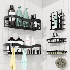 GD Adhesive Shower Caddy 5 Pack – Rustproof Stainless Steel No-Drill Bathroom Organizer Shelves with Large Capacity, Waterproof Storage Racks for Shower, Kitchen, Dorm, Apartment, and Home