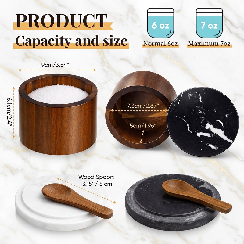 Singhoow 2 Pcs Acacia Wood Salt Cellar with Marble Lid
