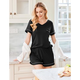 Ekouaer Pajamas Set for Women 2 Piece Short Sleeve Sleepwear Soft V Neck Tops and Shorts Pjs Lounge Set with Pocket,Black,Small