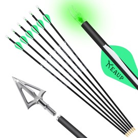 KEAUP 31 inch 100% Carbon Arrows and Broadheads .244/6.2mm Lighted Nocks Set, 6 Pack Hunting Compound Bow and Recurve Bow Shaft Spine 300/350/400/500 (Spine 300, Green)
