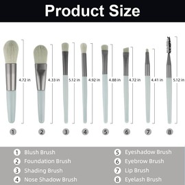 Liasun Juego de brochas de maquillaje de viaje, 8 piezas, tamaño mini, fibra sintética premium, corrector de rubor, cejas, sombra de ojos, pincel en ángulo, cepillo de maquillaje de labios con bolsa de almacenamiento (cian claro)