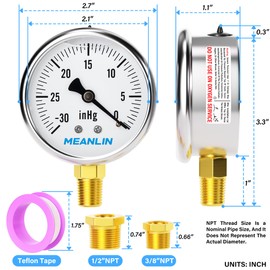 MEANLIN MEASURE -30~0Psi Stainless Steel 1/4" NPT 2.5" FACE DIAL,Vacuum Liquid Filled Pressure Gauge,Single Scale, WOG Water Oil Air Lower Mount, with 1/4" x 1/2" NPT and 1/4" x 3/8" NPT Hex Bushing