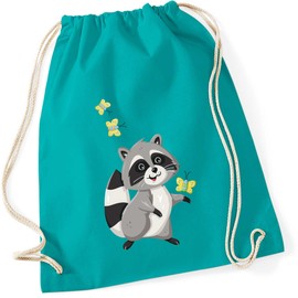 minimutz Gym Bag for Children, Raccoon Willy with Butterflies, Shoe Bag, Sports Bag, Jute Bag for Drawstring for Girls and Boys, Fabric Bag with Cord, turquoise