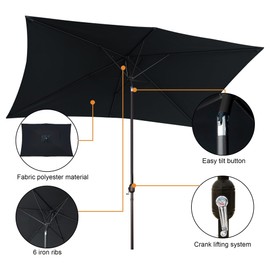 Blissun 10' Rectangular Patio Umbrella Outdoor Market Table Umbrella with Push Button Tilt and Crank, Black