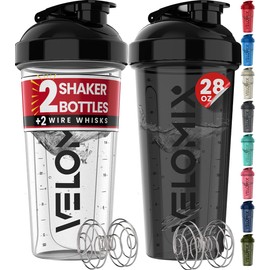 VELOMIX -2 Pack- 28 oz Protein Shaker Bottles for Protein Mixes - 2x Wire Whisk | Leak Proof Shaker Cups for Protein Shakes | Protein Shaker Bottle Pack (Black/Transparent)