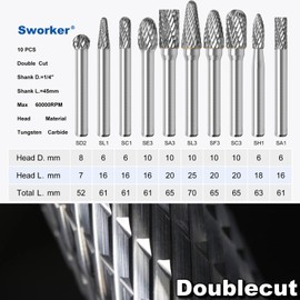 Sworker 10Pcs Carbide Burr Set 1/4 Shank w/Clear Box Max Head Dia 10mm Die Grinder Bits Rotary Tools Attachment Kit Rasp Accessories Metal Wood Stone Steel Grinding Deburring Cutting Porting Carving