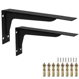 Heavy Duty Wall Shelf Brackets – 2 Pack Industrial 12 Inch L-Shaped Black Iron Shelf Supports with Fixings – Metal Brackets for Workbench, Garage Shelving, Tool Storage, Long Floating Shelf Boards