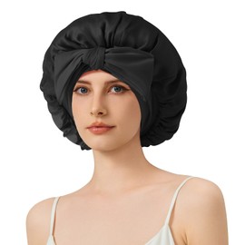 100% Mulberry Silk Bonnet for Sleeping for Women, 22 Momme Grade-6A Single-Layer Silk Bonnet Hair Wrap for Curly Hair Sleep Cap with Soft Long Elastic Bands(1PCS,Black)