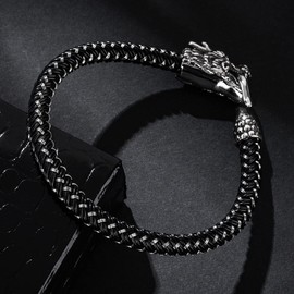 Dragon Bracelet for Men, Ouroboros Bracelet for Boys, Viking Dragon Bangle, Punk Dragon Cuff Bracelet, Dragon Braided Leather Bracelet, Dragon Head Bracelet, Dragon Jewelry, Stainless Steel, No