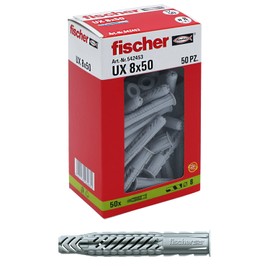 fischer 50 dowels UX, 8 x 50 mm, for Wall, Perforated Brick, plasterboard, 542453, Grey, Set of 50 Pieces