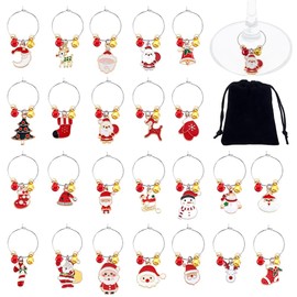 AHANDMAKER 24Pcs Red Christmas Wine Charms Holiday Drink Charm Christmas Wine Glass Markers Holiday Drink Identifier for Stem Glasses with Festive Designs Dinner Party Family Gathering Thanksgiving