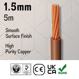 Primes DIY Single Core Conduit Cable 1.5mm Copper Wire Insulated PVC, Stranded Flexible Coil 6491X Electrical Wire, BASEC Approved – Brown Live (5 Meter), Home Improvement