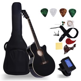 PTESAN 41" Acoustic Guitar for Beginner Adult Full Size Cutaway Guitarra Bundle Set-Black Bundle with Gig Bag, Tuner, Strap, Strings, Picks,Capo