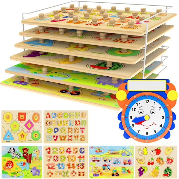 Premium Puzzles for Toddlers and Rack Set - (7 Pack) Includes Learning Clock - Alphabet, Numbers, Shapes, Animals, Cars, Fruits