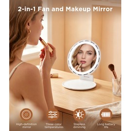 Travel Makeup Mirror with Lights & Fan, 6.5" 2-in-1 Rechargeable Compact Mirror, 3 Color Dimmable Lighting & 3 Speeds Silent Fan, Portable Folding Mirror with Face Fan for Desk & Travel, Great Gift