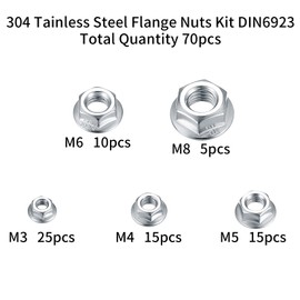70 Pcs Hex Nuts, Lock Nuts with Flange Self-Locking, Flange Nuts with Serrations, Stop Nuts with Flange DIN 6923 Stainless Steel, M3 M4 M5 M6 M8