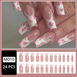 Wsiliana Pink French Tip Press On Nails Long Square Acrylic Fake Nail with Charm Rose Design,24Pcs Press On Nails for Woman Daily Wear (M010 Flower)