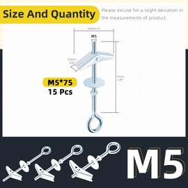 Mardatt 15Pcs M5 x 75mm Eye Bolt Toggle Bolt Assortment Kit, Spring Toggle Bolts Butterfly Anchors Butterfly Toggle Anchors, Heavy Duty Drywall Anchors with Wing Nut for Hanging Lamps Heavy Items