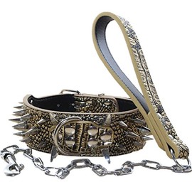 haoyueer 2 inches Wide Leather Sharp Rivets Dog Collar Dog Chain Leash Set Spiked Studded Pit Bull Terrier(Gold Brown,L)