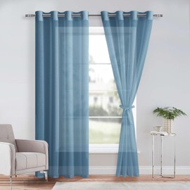 DWCN 2er Set Gardine Weiß Ösenschal Transparent Vorhang Weiß Sheer Voile Vorhänge mit Ösen Transparente Gardinen mit Vorhang-Krawatten, Dunkelblau, 240x140cm(HxB)