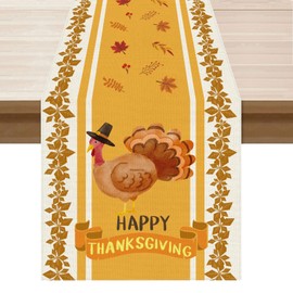 BOTB LIHM Turkey Maple Leaf Happy Thanksgiving Table Runner Cloth Burlap Fall Table Decoration for Home Kitchen Dining Dinner Indoor Holiday Farmhouse Decor 13x72 Inch