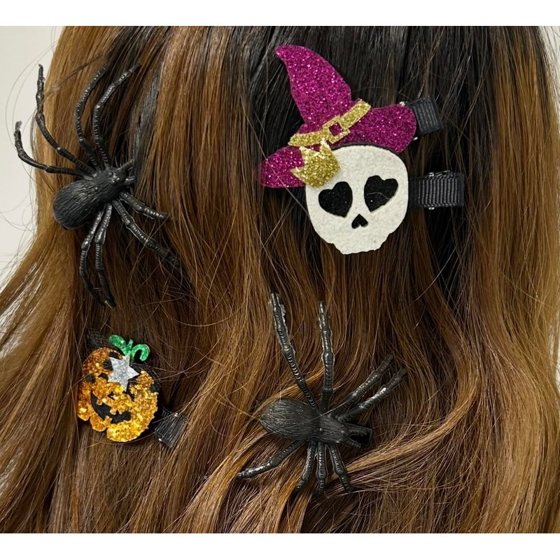 Halloween Spider Hair Clips Set, Glitter Skull Slides, Witch Hat,