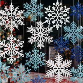 24 PCS Large Snowflakes Ornaments - Outdoor Christmas Decor Glitter Giant Hanging Snowflake Decorations for Indoor Outdoor Christmas Tree Decorations(White, Blue, Dark Blue)