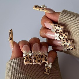 Press On Nails - Long Square French Tip False Nails with Brown Cheetah Design, 3D Bow Charm, Glossy Acrylic Finish, 24pcs