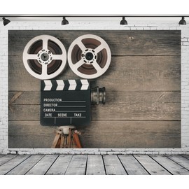 CORFOTO 10x8ft Fabric Retro Movie Camera on Wood Board Backdrop for Photography Vintage Video Reel Director Scene Decorations Theater Movie Party Decoration Photoshoot Booth Studio Props
