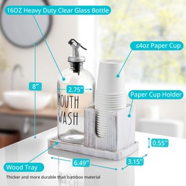 Mouthwash Dispenser for Bathroom, Rustic 16 OZ Glass Mouthwash Dispenser with Pour Spout and Wood Cup Holder and Tray, Mouth Wash Bottle Container, Farmhouse Kitchen Bathroom Decor and Accessories