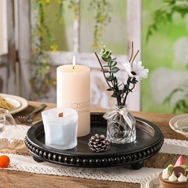 Nacidooka Beaded Coffee Table Tray for Home Decor,Black Round Decorative Tray for Kitchen Counter,Farmhouse Wooden Tray Centerpiece for Dining Table Decor, Entryway and Living Room Table(12 in)