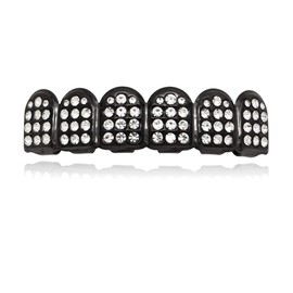 Psivika Gold Plated Iced Out Grills with Diamond Shiny Hip Hop Teeth Grillz Caps Top and Bottom Set for Your Teeth for Men and Women (Black)