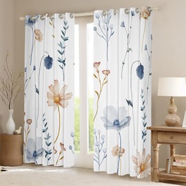 Erosebridal Cortinas florales de acuarela, cortinas opacas de color azul y beige para adolescentes y mujeres adultas, cortinas blancas minimalistas modernas y cortinas blancas con ramas de flores,