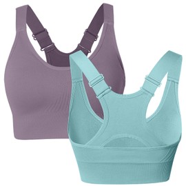 Atxnn Women's Sports Bra Adjustable Wide Shoulder Strap Yoga Bra Push Up Bustier Racerback Seamless Padded Without Underwire for Fitness Running Jogging, 2 Pieces (Purple & Grey Blue)