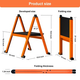 Ainai Folding Step Stool,Aluminum Ultra Thin Stool,400 Lbs Capacity with Anti-Slip Sturdy and Wide Pedal,Closet Step Ladder for Home,Kitchen and Office,Space Saving (Orange)