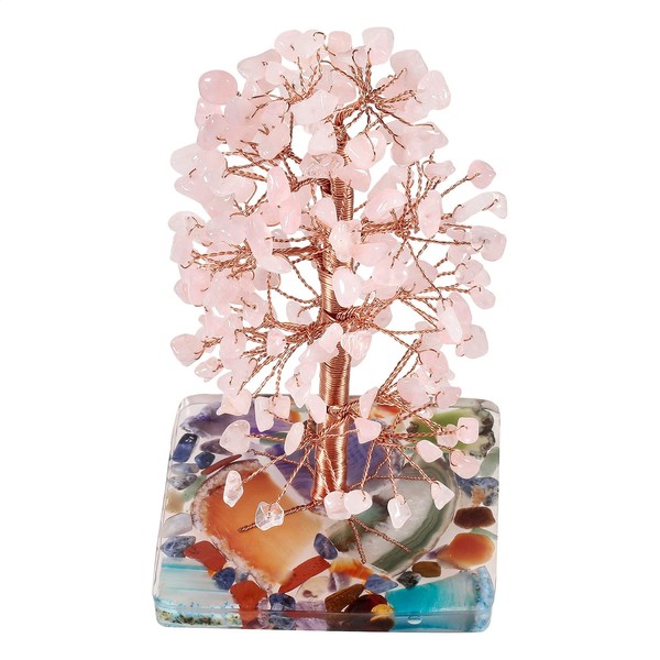 Rockcloud Rose Quartz Healing Crystal Tree Decoarations for Home Office, Copper Wrapped Tree of Life Bonsai Feng Shui Money Tree for Wealth and Luck